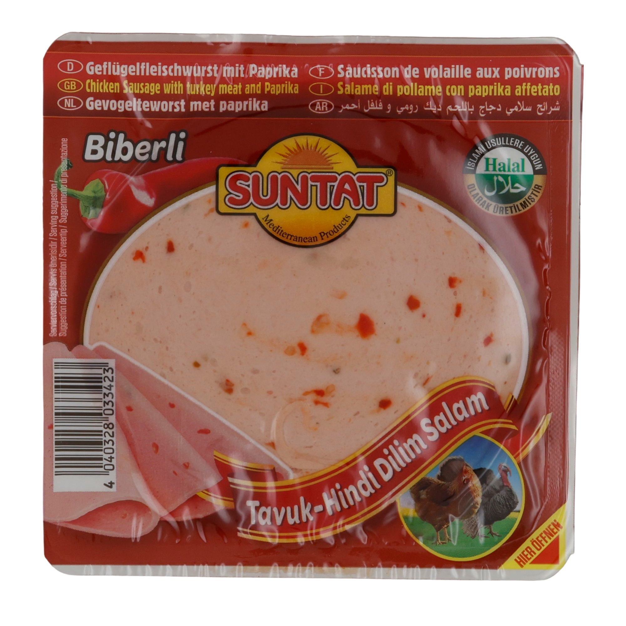 Geflügelsalami Suntat | Tavuk-Hindi Dilim Salam Biberli | Mit Paprika, Halal | 200 g SUNTAT